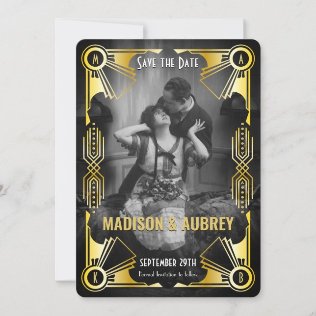 Reserve A Data Excelente Gatsby Art Deco Casamento Dourado e Pret (Frente)