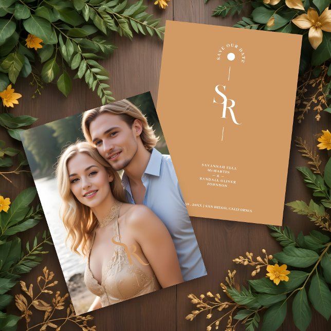 Reserve A Data Exquisite Chic Minimalist Golden Wedding Initials (Exquisite Chic Minimalist Golden Effect Wedding Initials Photo Save the Date Card with Envelope.)
