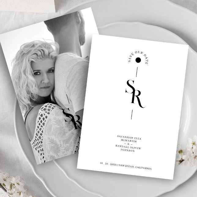 Reserve A Data Exquisite Elegant Minimalist Black & White Wedding (Exquisite Elegant Minimalist Black & White Wedding Initials Photo Save the Date Card with Envelope.)