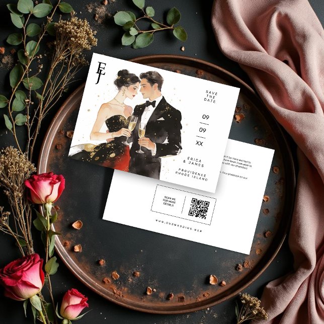 Reserve A Data Exquisite Glamorous Black & Gold Couple Wedding (Exquisite Black & Gold Couple Artwork Wedding Save the Date Card Featuring Initials and Back QR Code)