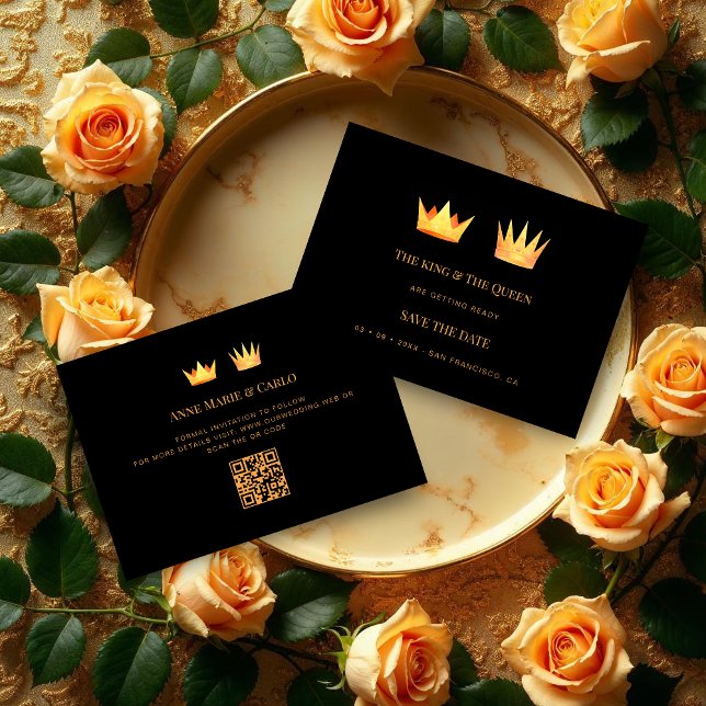 Reserve A Data Exquisite Golden Effect Queen & King Royal Crowns (Exquisite Golden Effect Queen & King Royal Crowns Save the Date Cards on Black Background. )