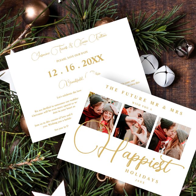 Reserve A Data Exquisite Sophisticated Wedding Christmas 3 Photos (Exquisite Sophisticated Wedding Christmas 3 Photos in Fake Gold Holiday Card as a Save the Date Card)