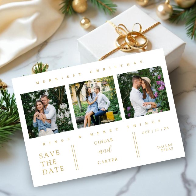 Reserve A Data Extra Minimal Christmas Collage 3 Photos Wedding (Extra Minimalist Christmas Collage 3 Photos Wedding in White & Faux Gold Save the Dates Cards.)