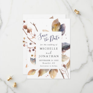Reserve A Data Fall Blue Dourado Folhas Watercolor Casamento Cris