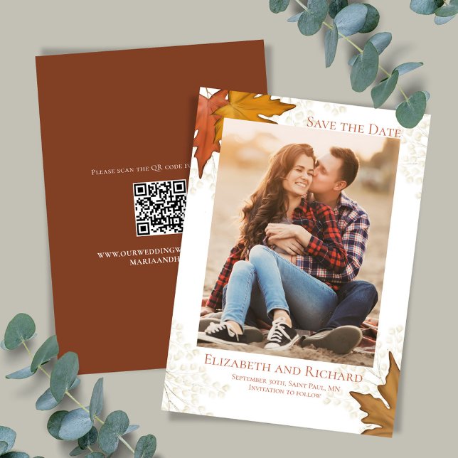 Reserve A Data Fall Deixa Foto Casamento Salvar Data (Watercolor fall leaves elegant save the date photo cards.)
