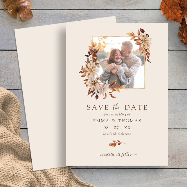 Reserve A Data Fall Floral Dourado Frame Wedding Foto Salvar Data (Elegant Fall Floral Gold Frame Wedding Photo Save the Date by Painted Paperie
)