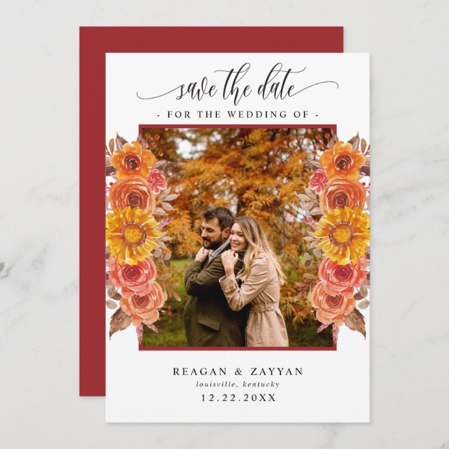 Reserve A Data Fall Floral Photo Save the Date Card (Frente/Verso)