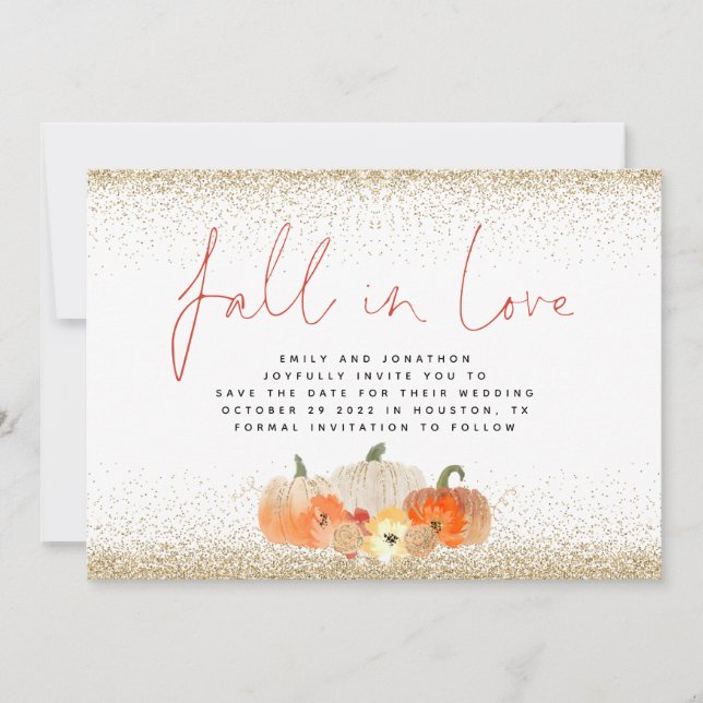 Reserve A Data Fall in Love Pumpkins Dourado Glitter Code Casamen (Frente)