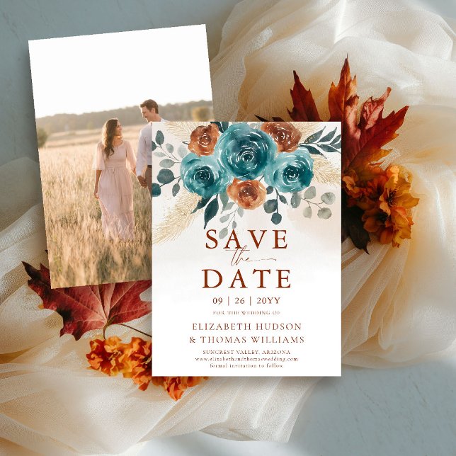 Reserve A Data Fall Love Teal Burnt Orange Casamento Salva a Data (fall wedding save the date engagement photo teal burnt orange terracotta watercolor greenery foliage)