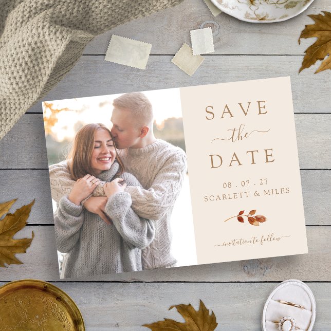 Reserve A Data Fall Terracotta Deixa Foto Salvar A Data Casamento (Fall Terracotta Leaves Photo Save The Date Wedding by Painted Paperie)