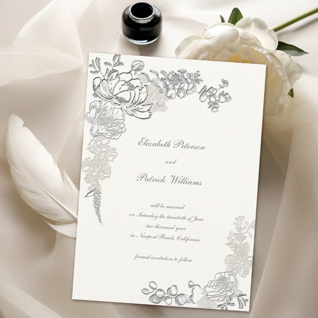 Reserve A Data Falsa Peônia Com Relevo Calligraphy Chic Pérola Ca (formal traditional elegant calligraphy wedding save the date  faux embossed peony pearl classic)