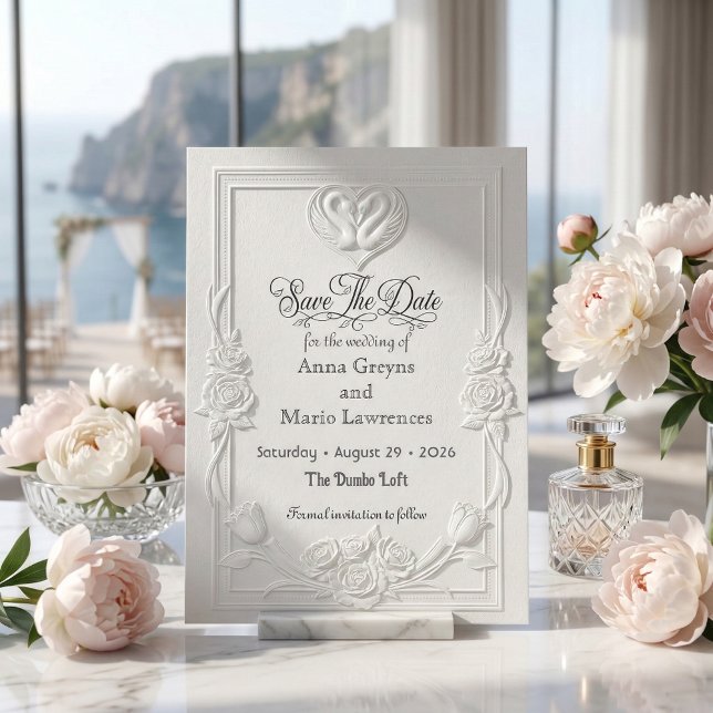 Reserve A Data Falso Letterpress Branco Cisne Barroco Elegante (Criador carregado)