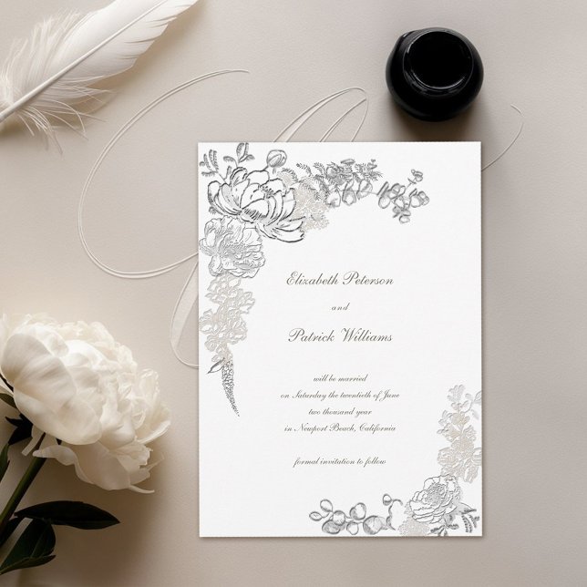 Reserve A Data Falso Relevo Peônia Caligrafia Chic Casamento Marf (formal traditional elegant calligraphy wedding save the date  faux embossed peony ivory classic)