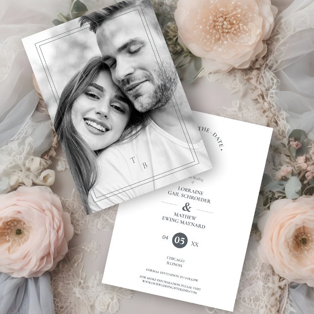 Reserve A Data Fancy Simple Chic Initials  Modern Photo Couple  (Fancy Simple Chic Initials Modern Photo Couple Save the Date Card with Envelope.)