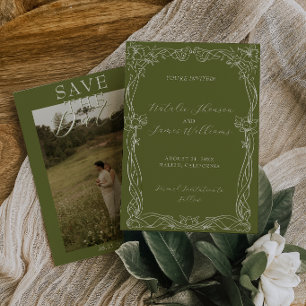 Reserve A Data Fancy Verde Oliva Romântico Casamento Antiga Fortu