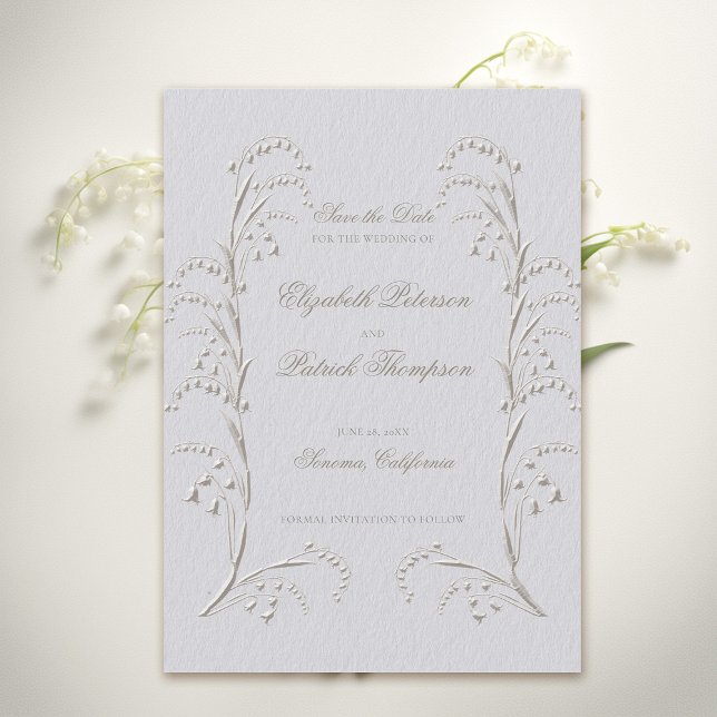 Reserve A Data Faux Embossed Lily Valley Ivory Formal Weding (formal wedding save the date classic traditional faux embossed lily of the valley frame ivory)