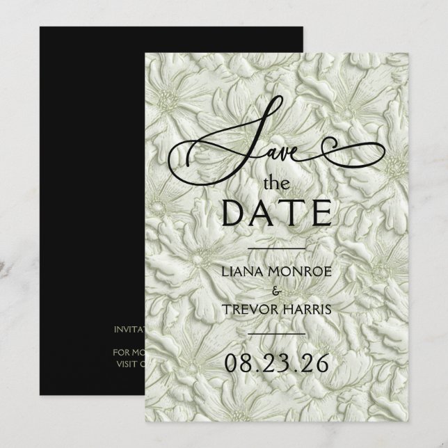 Reserve A Data Faux Embossed Sage Green Floral Wedding (Frente/Verso)