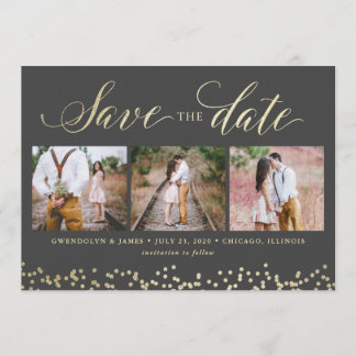 Reserve A Data Faux Sparkle 3 Photo Save the Date Card