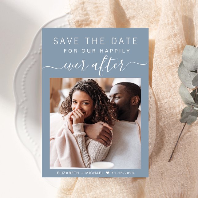 Reserve A Data Felizmente Depois Da Foto Dusty Blue Weding (A chic photo save the date announcement card for your wedding)