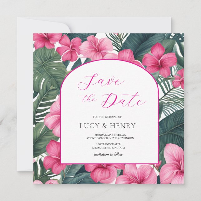 Reserve A Data Feriado Rosa Tropical Floral (Frente)