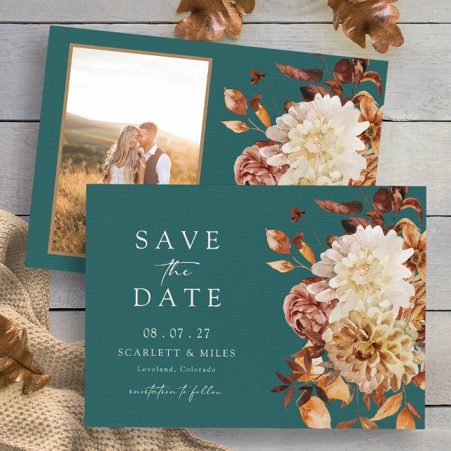 Reserve A Data Férias de Outono em Azul Turquesa Rústico Salvar a (Rustic Teal Fall Floral Photo Wedding Save The Date Card by Painted Paperie
)