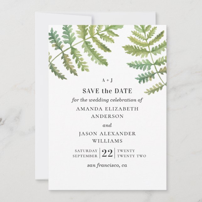 Reserve A Data Fern de aquarela. Casamento de folhagem de florest (Frente)