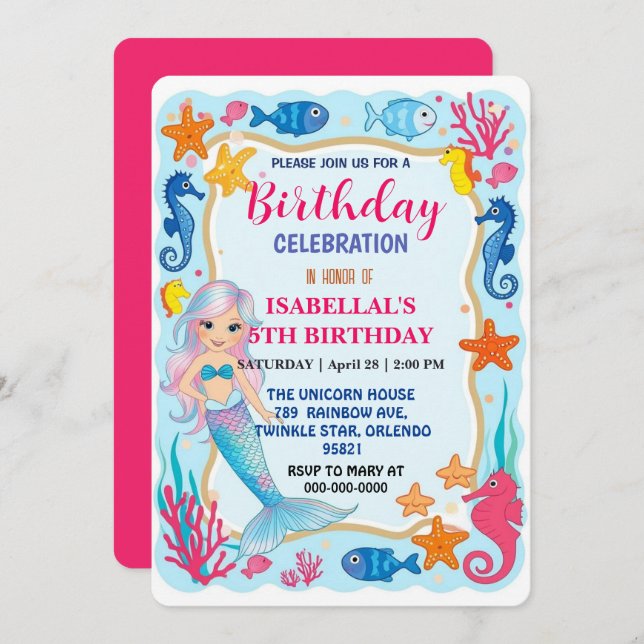Reserve A Data Festa de aniversário da sereia marinha de cotovelo (Frente/Verso)