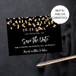 Reserve A Data Festa de aniversário de confete de ouro preto<br><div class="desc">Um fundo preto decorado com confete de ouro falso. Personalize e adicione uma data e nome/idade. O texto: Salvar a Data é gravado com um script de estilo com letra de tendência grande. Cartas brancas.</div>