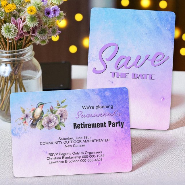 Reserve A Data Festa de Aposentadoria Salve a Data Beija-flor (front and back template save the date invitation)