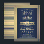 Reserve A Data Festa de Reforma Surpresa! Marinho Azul e Dourado<br><div class="desc">Você pode guardar um segredo? Convide colegas, colegas de trabalho, família e amigos para uma elegante e excitante celebração de aposentadoria surpresa com marinho azul e folha de ouro falso, para salvar os convites de festas de data. Toda a redação desta modelo é simples de personalizar, incluindo a mensagem que...</div>
