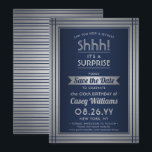 Reserve A Data Festa de Surpresa de Aniversário! Marinho Elegante<br><div class="desc">Você pode guardar um segredo? Convide a família e os amigos para uma elegante e excitante celebração de aniversário surpresa com marinho azul e folha de prata falsa personalizada para salvar os convites de festas de data. Toda a redação desta modelo é simples de personalizar, incluindo a mensagem que diz...</div>