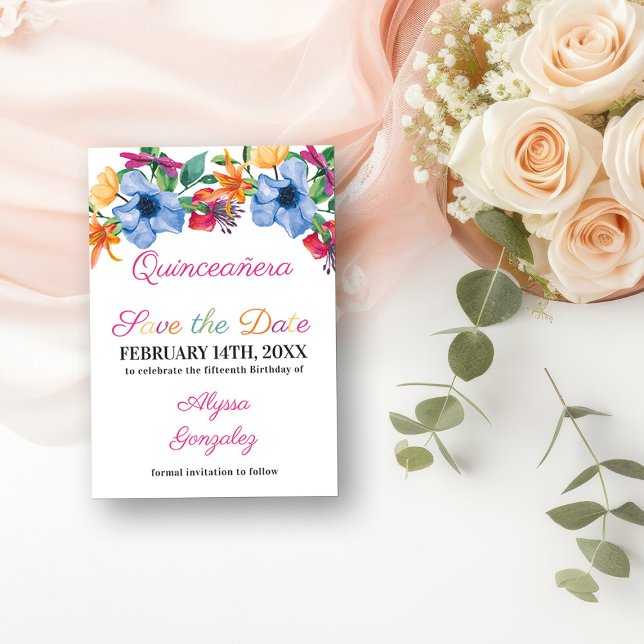 Reserve A Data Fiesta Flores Branco e Floral Quinceanera (Save the Date Invitation from my Fiesta Flowers Quinceanera Collection)