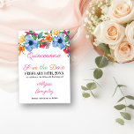 Reserve A Data Fiesta Flowers Quinceanera Branca e Floral<br><div class="desc">Quinceanera Salve o Cartão de Data com flores de fiesta em aquarela. Este cartão branco tem uma abundância de flores coloridas, roteiro elegante e tipografia moderna. Um belo design floral que inclui a peônia, o rosa, a fúcsia, a líbia e o verde em tons de rosa, roxo, laranja, amarelo, verde...</div>