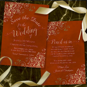 Reserve A Data Filigre Dourado Elegante de Rust Orange Wedding