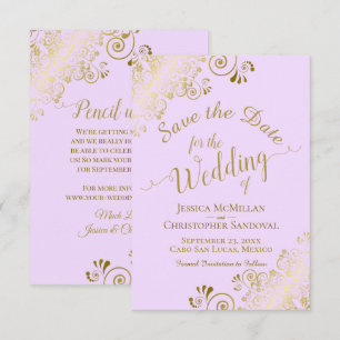 Reserve A Data Filigre Dourado Elegante no Casamento Roxo Lilac