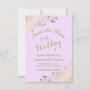 Reserve A Data Filigre Dourado Elegante no Casamento Roxo Lilac
