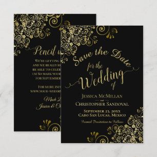 Reserve A Data Filigre Dourado Elegante sobre Casamento Negro