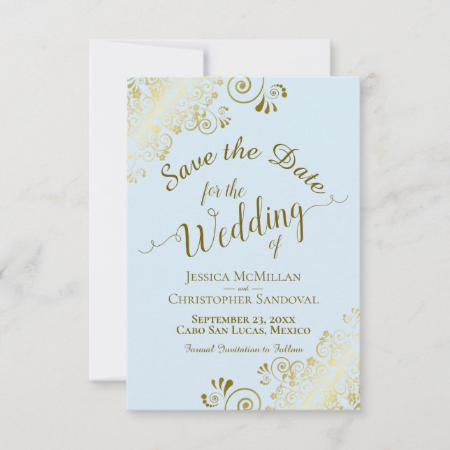 Reserve A Data Filigre Ouro Elegante em Casamento Azul Pó (Frente)