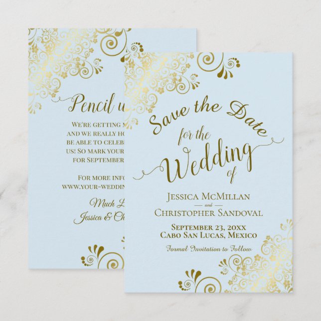 Reserve A Data Filigre Ouro Elegante em Casamento Azul Pó (Frente/Verso)