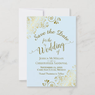 Reserve A Data Filigre Ouro Elegante em Casamento Azul Pó