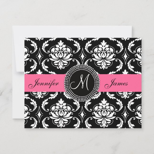 Reserve A Data Flamingo Pink Black Damask Monograma Salvar Data (Frente)