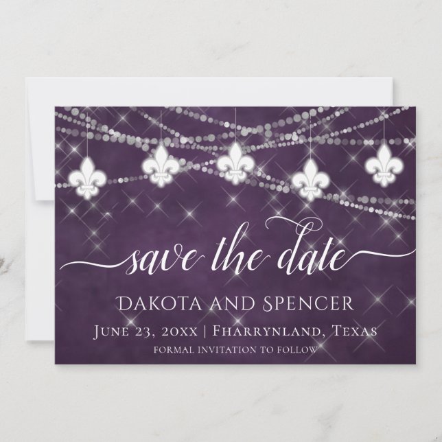 Reserve A Data Fleur de Lis Eggplant Purple Lights | Casamento es (Frente)