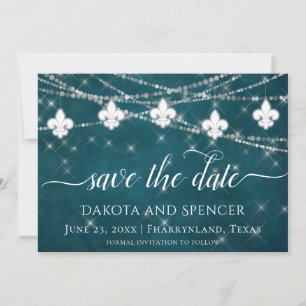 Reserve A Data Fleur de Lis Teal Lights Casamento Moody Dark
