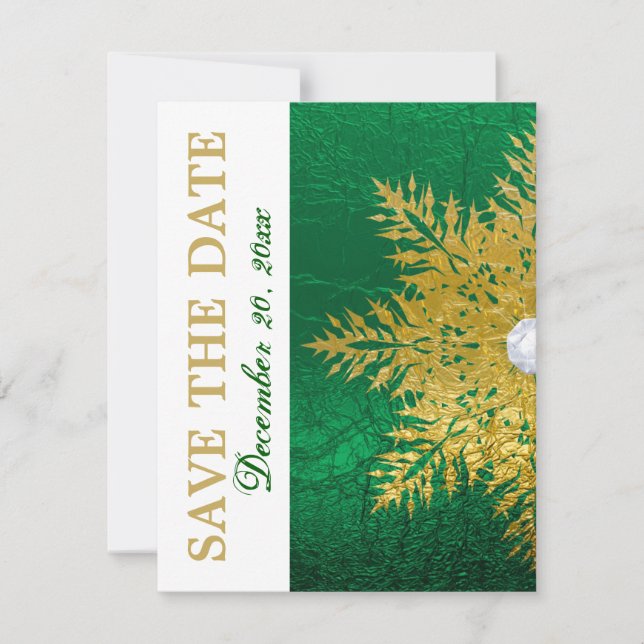 Reserve A Data Floco de neve dourado esmeralda verde casamento Sa (Frente)