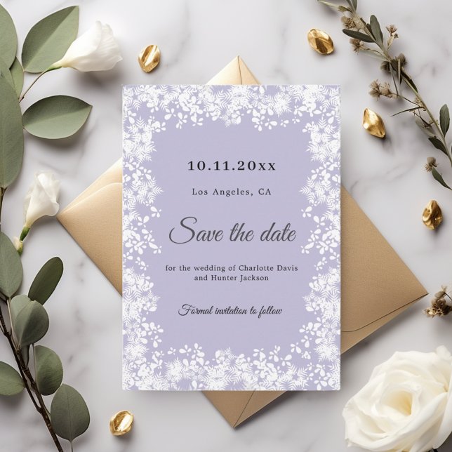 Reserve A Data Flocos de neve lavanda empoeirada casamento de inv (Criador carregado)