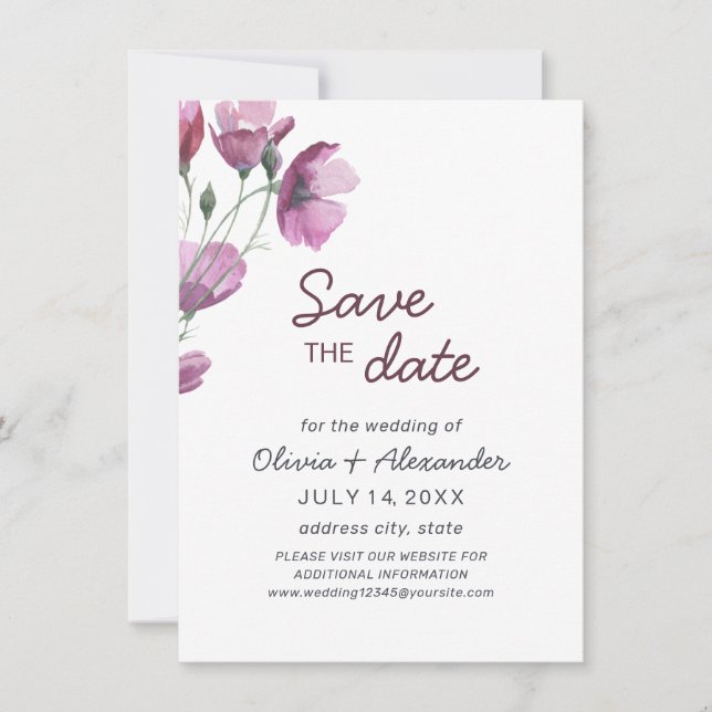 Reserve A Data Flor de aquarela roxa. Na moda Floral Wedding (Frente)