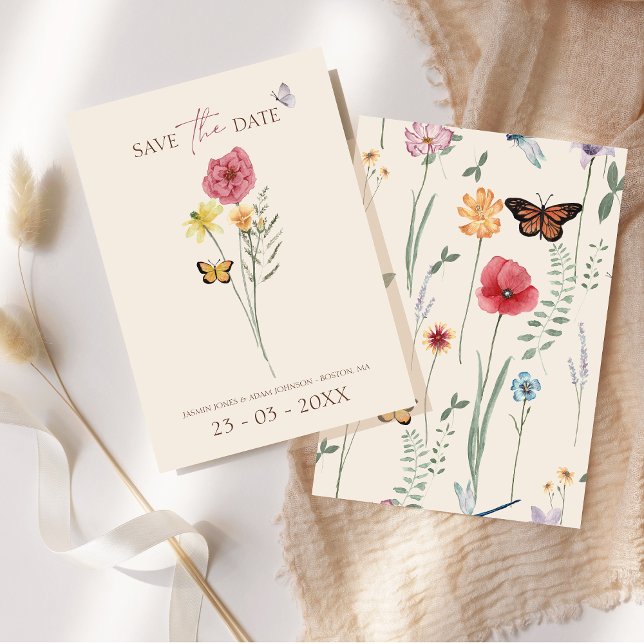 Reserve A Data Flor de Campo Amarela Rosa Caprichosa Salve a Data (Simple Pink Yellow Wildflower Whimsical Wedding Save The Date Card)