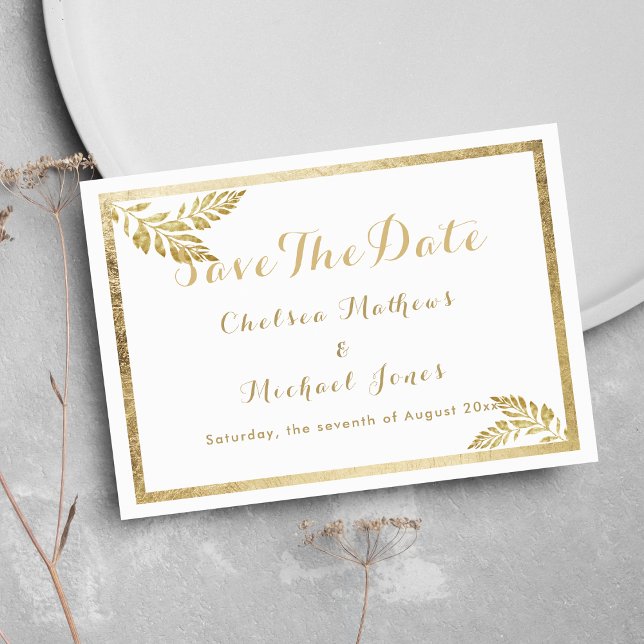 Reserve A Data Flor de ouro branco simples Elegance Salvar a Data (Elegance simple white golden floral Save The Date)