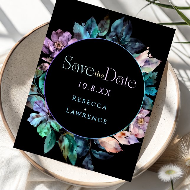 Reserve A Data Florais coloridos elegantes casamento negro (Criador carregado)
