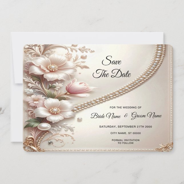 Reserve A Data Floral and Pearl Embellishments Save The Date (Frente)